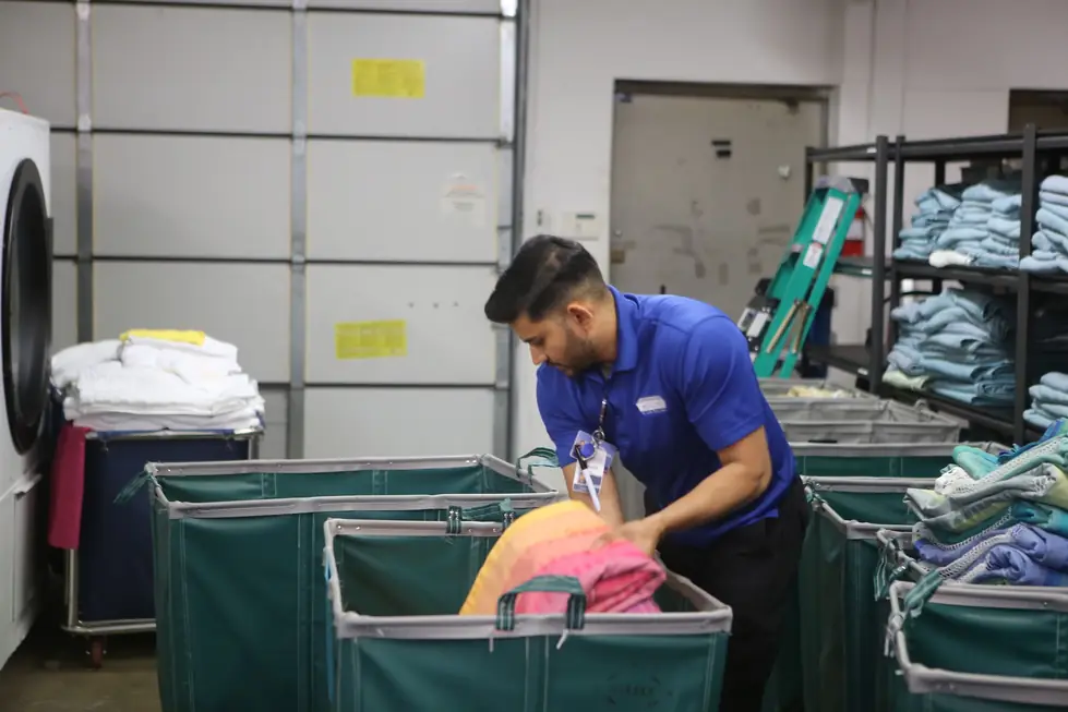 Accord team member in a blue polo sorting curtains into green laundry carts